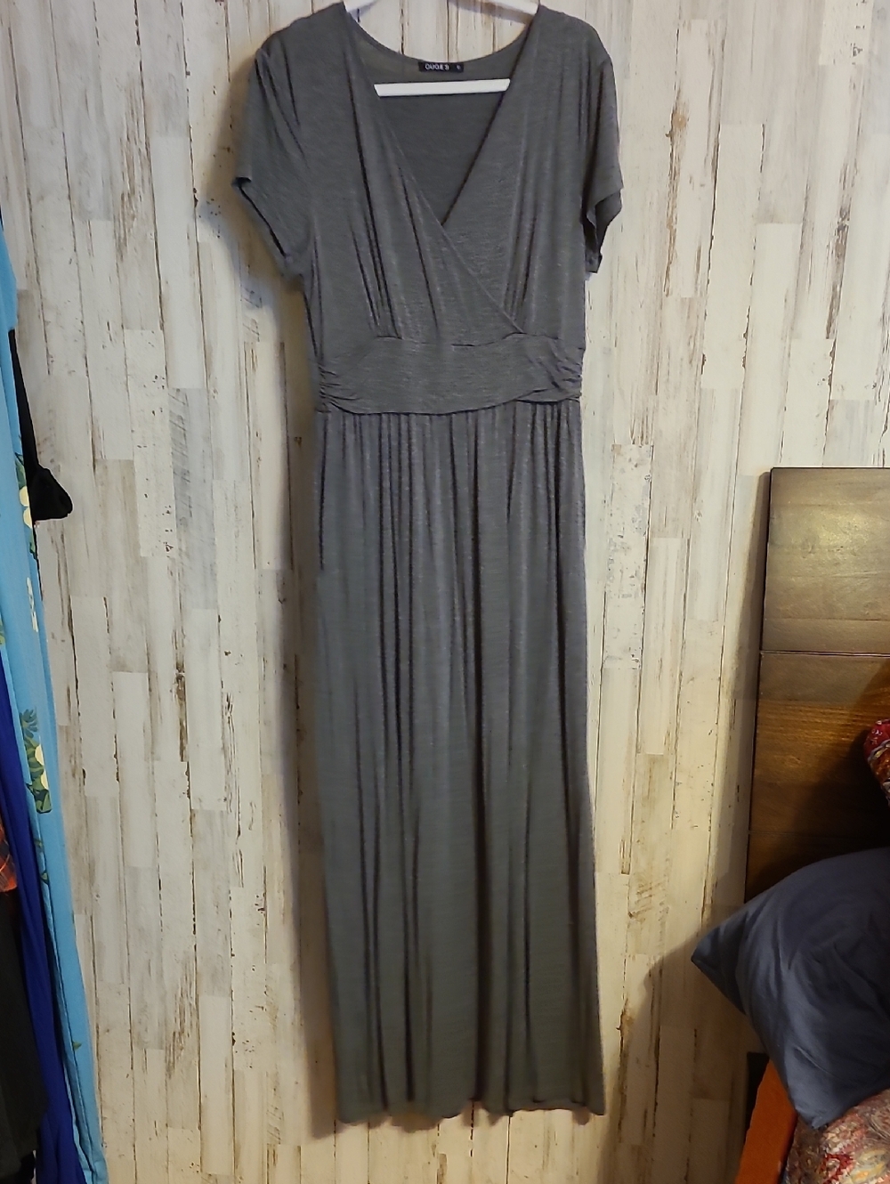 OUGES Gray Surplice Maxi Dress with Defined Waistband